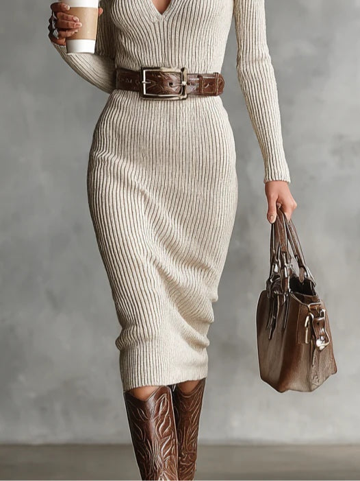 Hope - Women's Belted Ribbed V-Neck Midi Dress