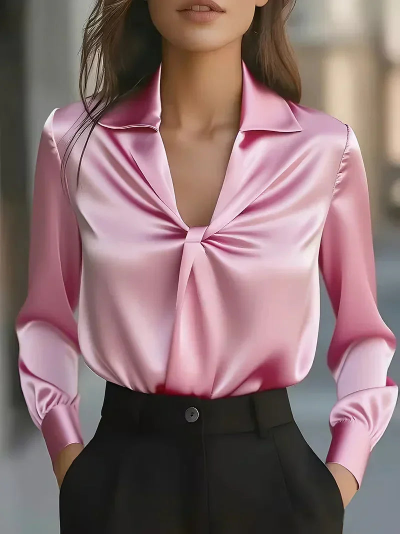 Jaira - Women's Notch-Collar Satin Blouse with Front Twist