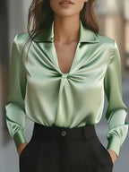 Jaira - Women's Notch-Collar Satin Blouse with Front Twist