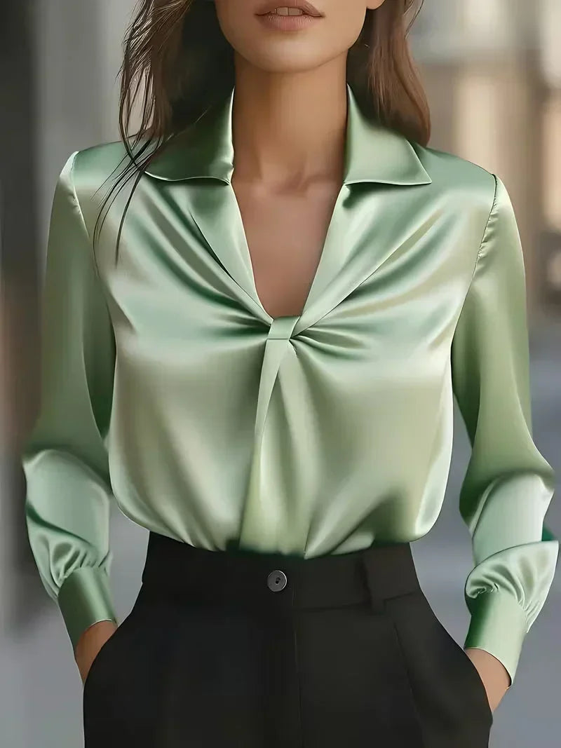 Jaira - Women's Notch-Collar Satin Blouse with Front Twist
