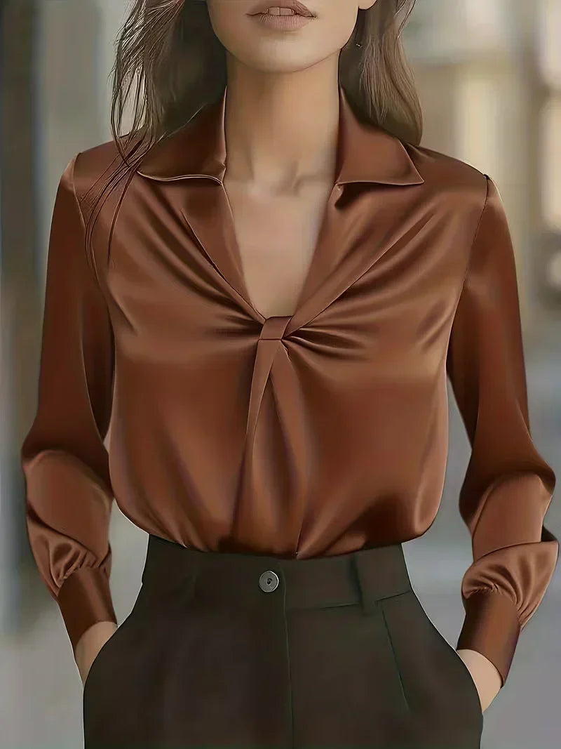 Jaira - Women's Notch-Collar Satin Blouse with Front Twist