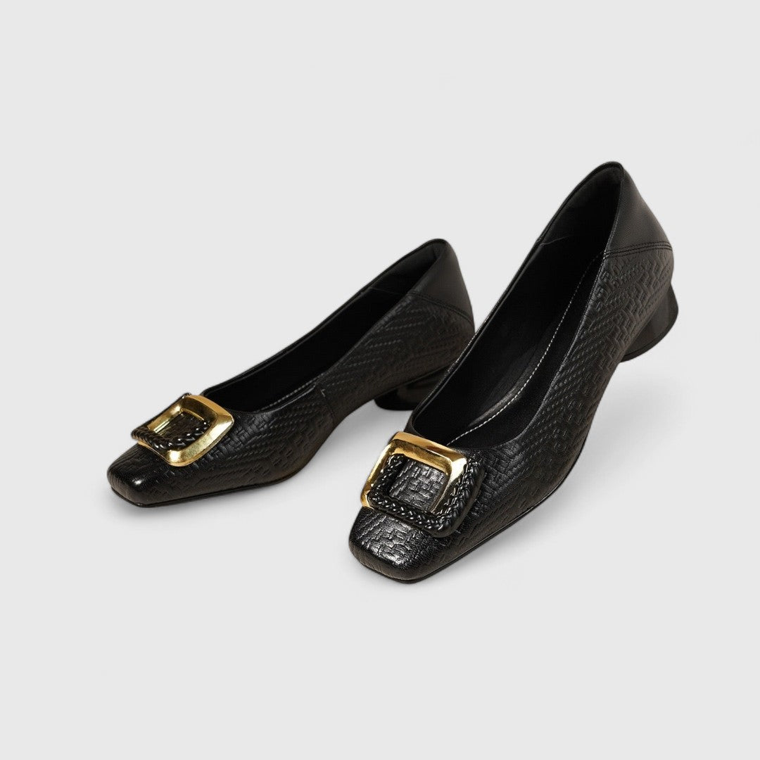 Jane - Women's Square-Toe Low Heels with Gold Buckle Detail