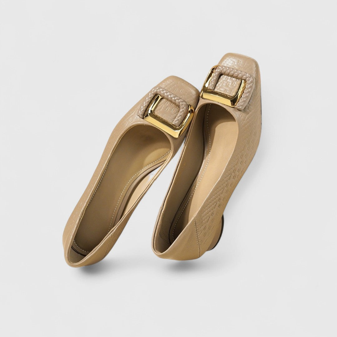 Jane - Women's Square-Toe Low Heels with Gold Buckle Detail