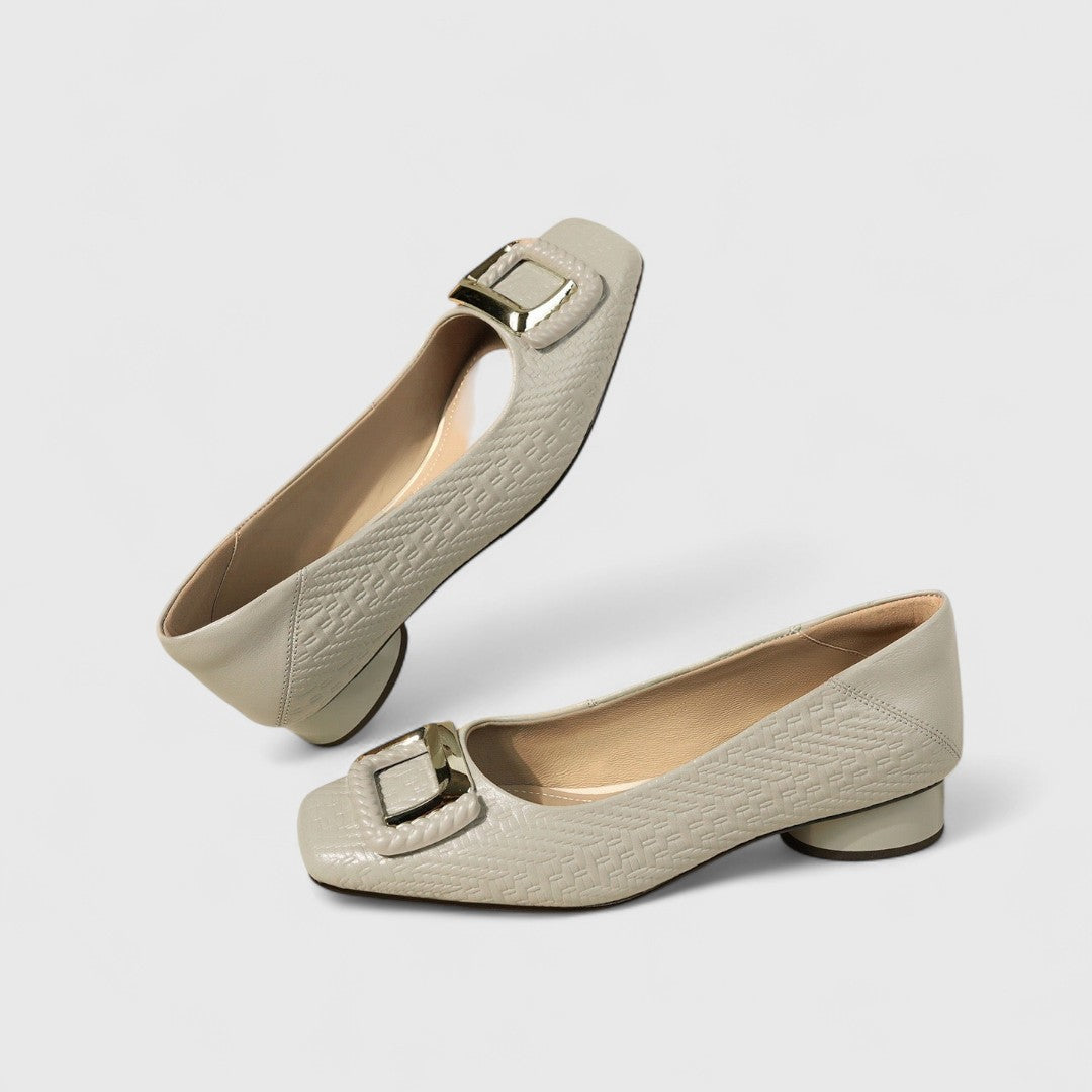 Jane - Women's Square-Toe Low Heels with Gold Buckle Detail