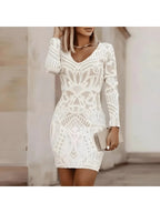 Jessa - Women's Geometric Lace V-Neck Bodycon Dress