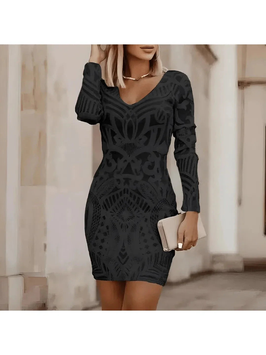 Jessa - Women's Geometric Lace V-Neck Bodycon Dress