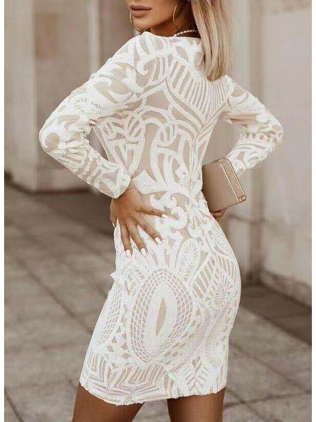 Jessa - Women's Geometric Lace V-Neck Bodycon Dress