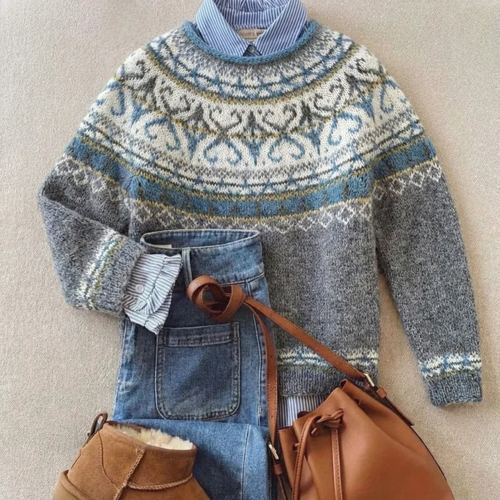 Johanna - Women's Fair Isle Crew Neck Sweater with Striped Collar