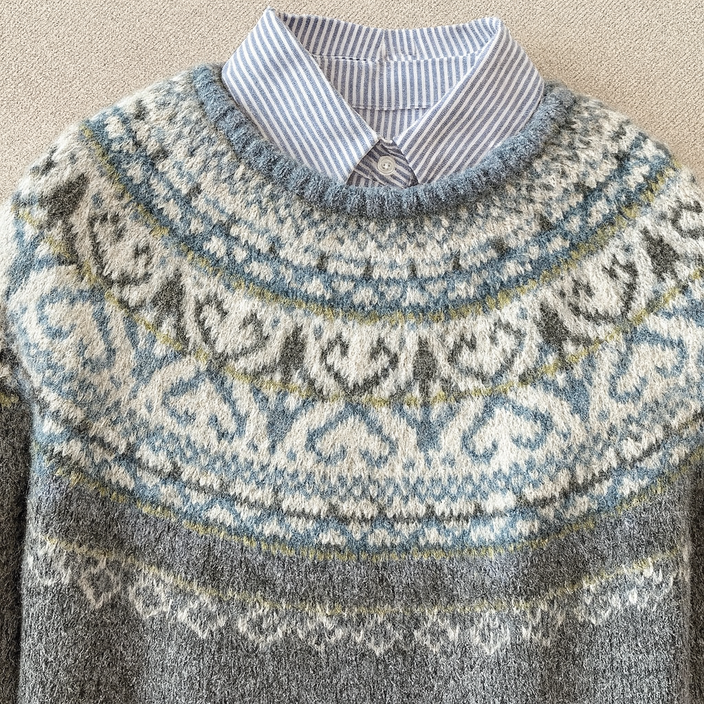 Johanna - Women's Fair Isle Crew Neck Sweater with Striped Collar