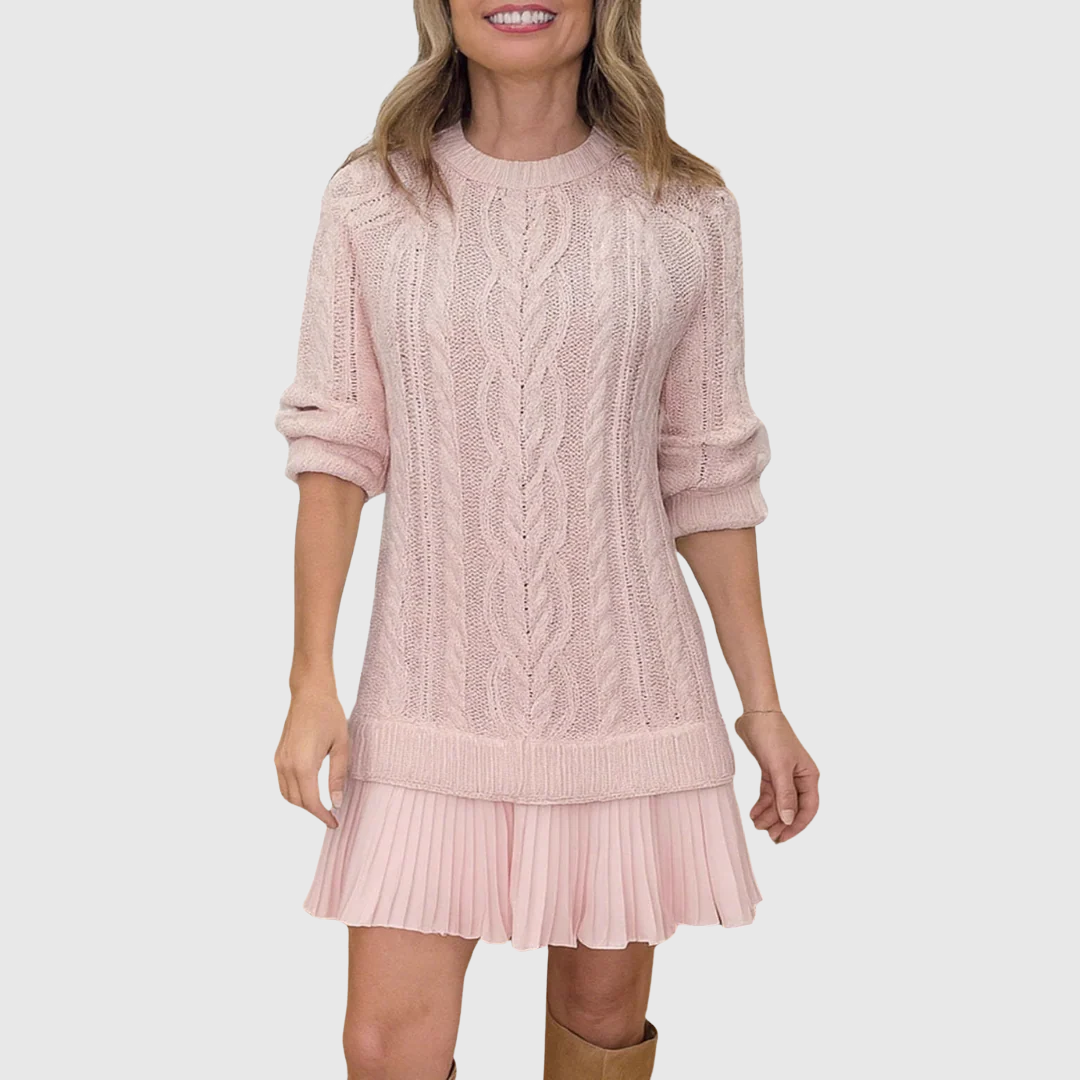 Juliet - Women's Cable-Knit Sweater Dress with Pleated Hem