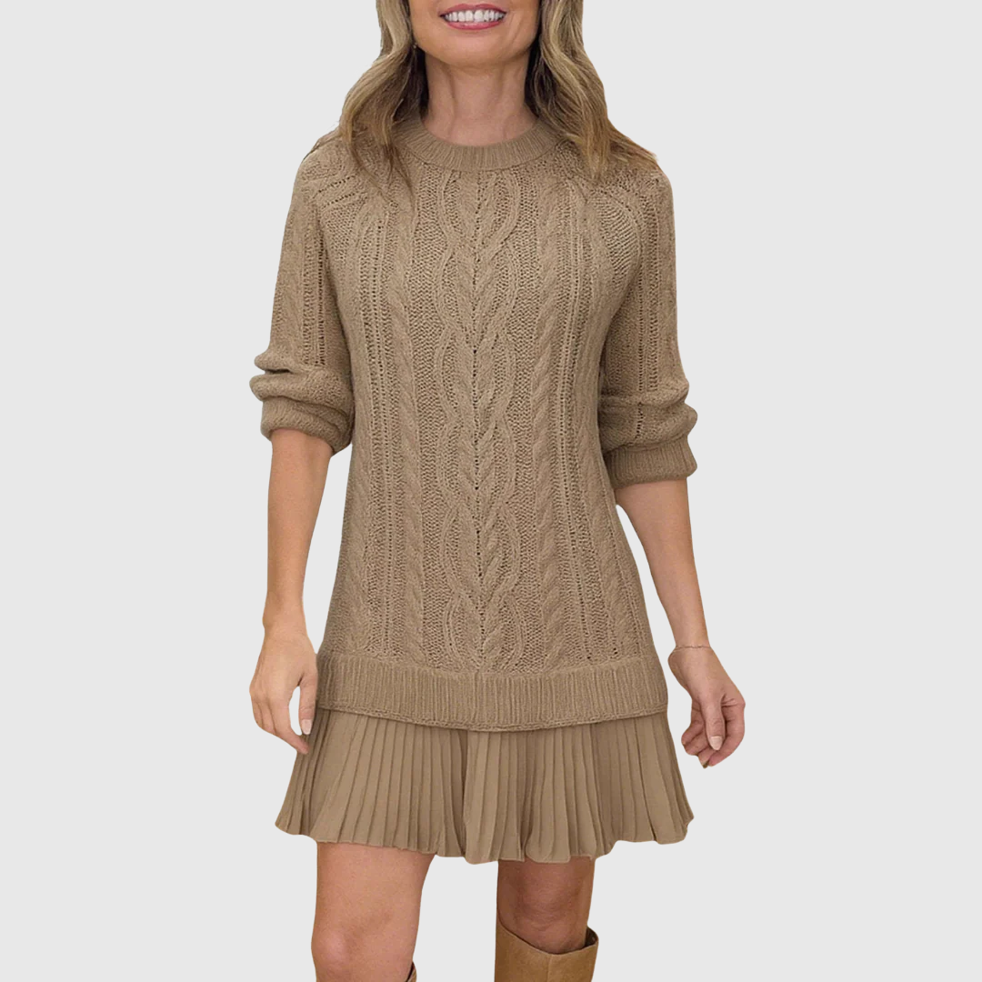 Juliet - Women's Cable-Knit Sweater Dress with Pleated Hem
