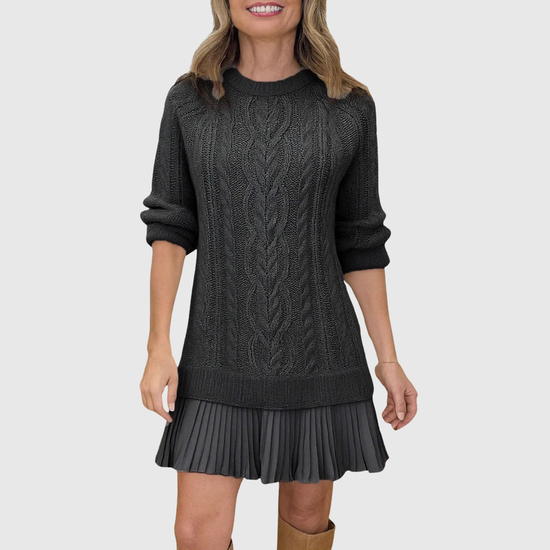 Juliet - Women's Cable-Knit Sweater Dress with Pleated Hem