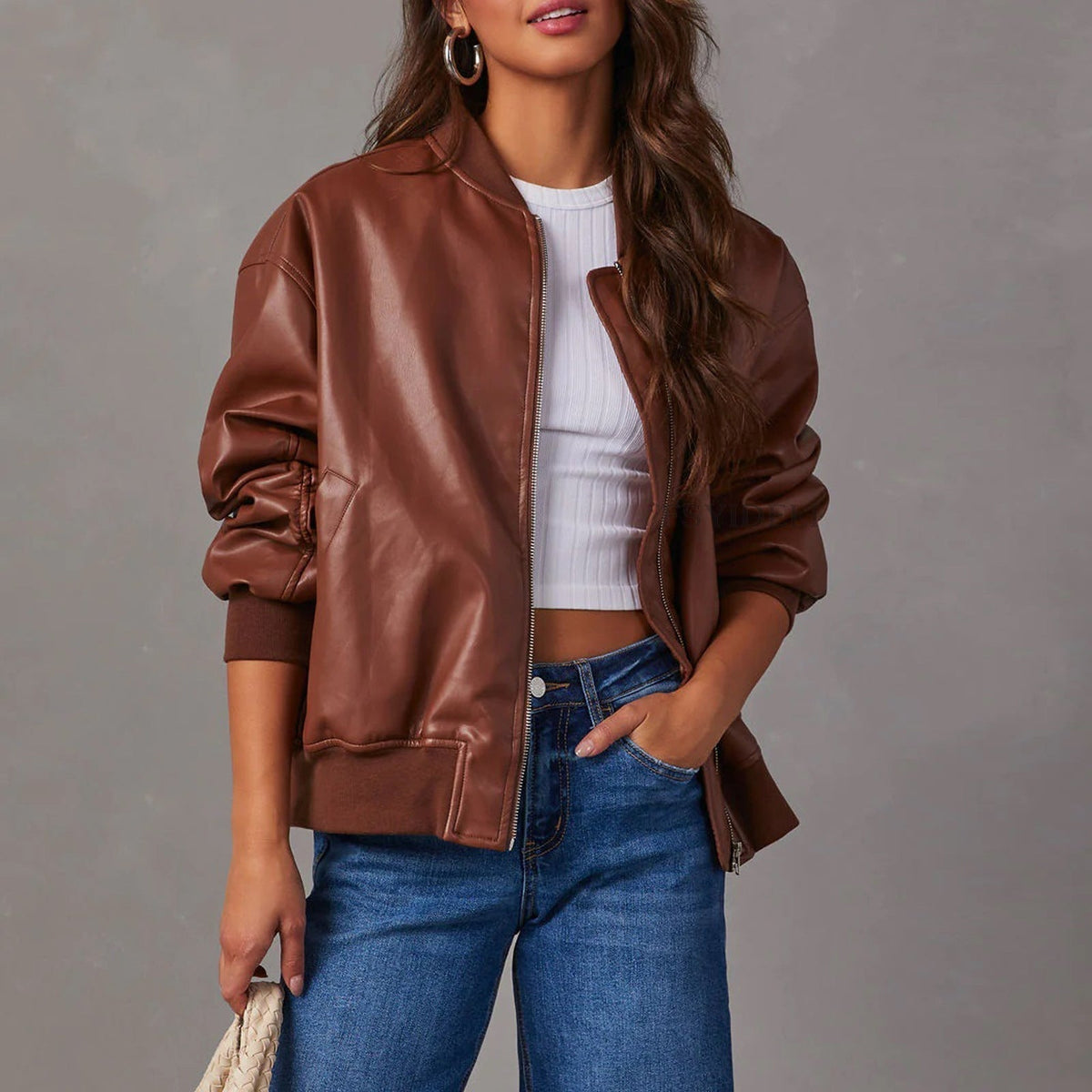 Juliette - Women's Vegan Leather Bomber Jacket with Ribbed Cuffs