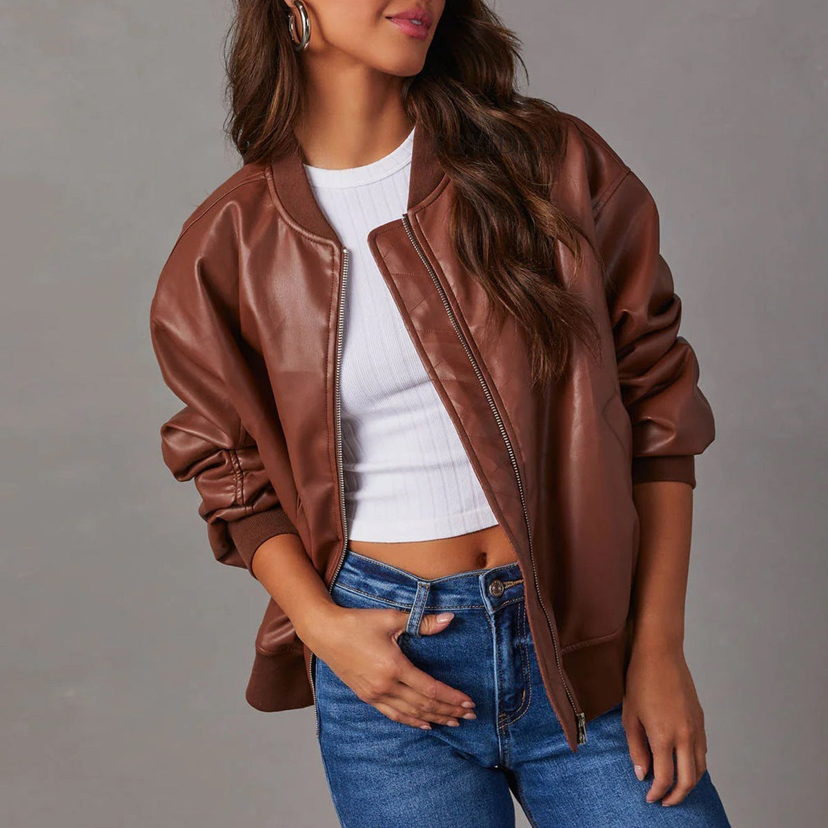 Juliette - Women's Vegan Leather Bomber Jacket with Ribbed Cuffs