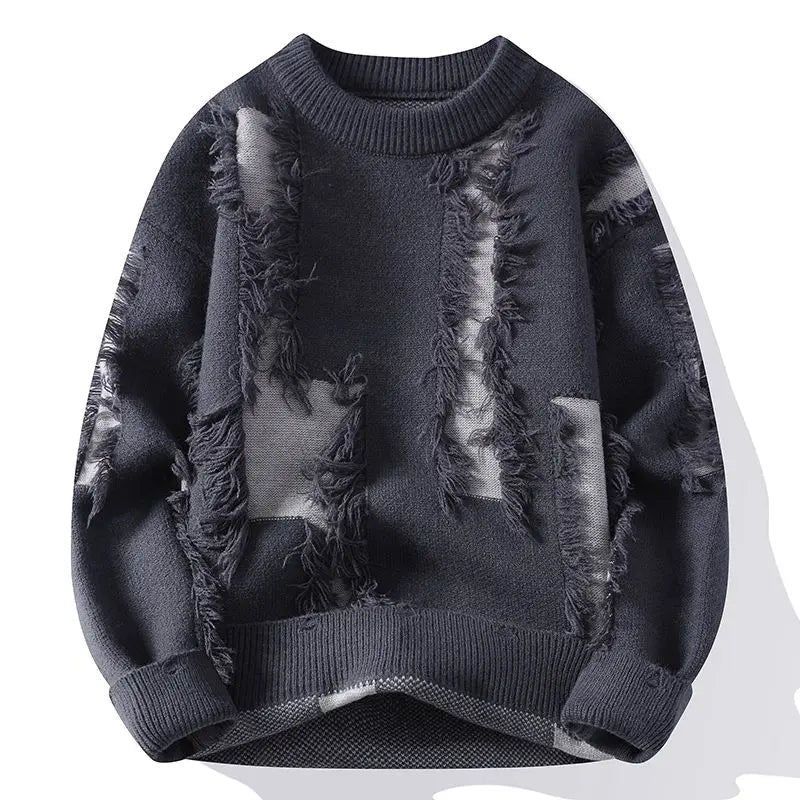 Kevin -  Men's Distressed Crew Sweater with Frayed Texture Panels