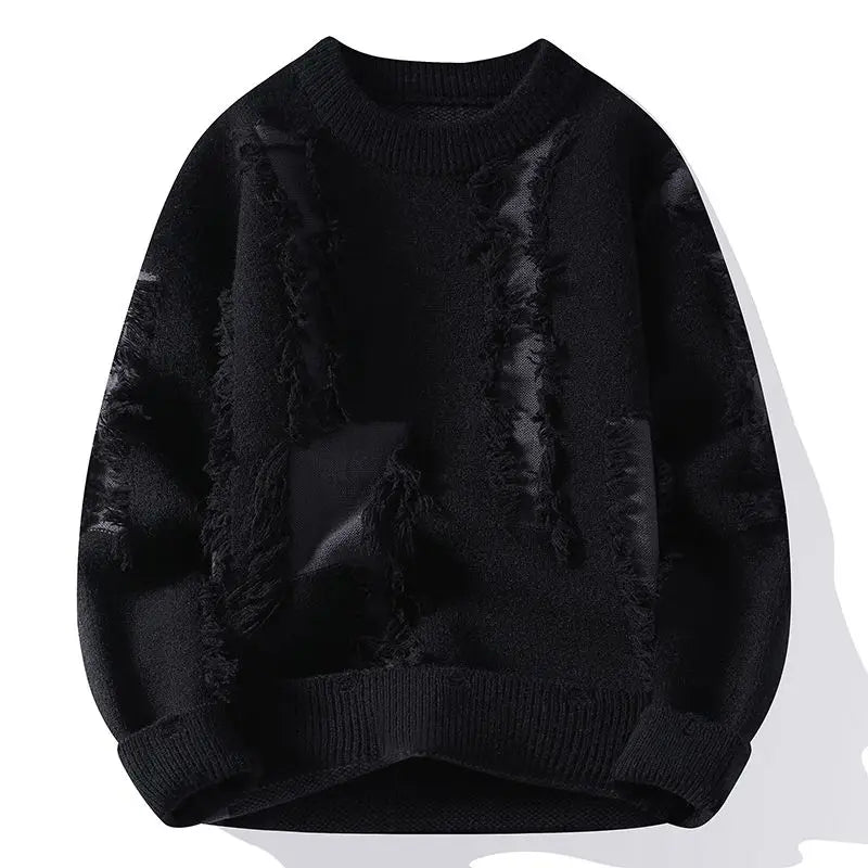 Kevin -  Men's Distressed Crew Sweater with Frayed Texture Panels