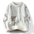 Kevin -  Men's Distressed Crew Sweater with Frayed Texture Panels