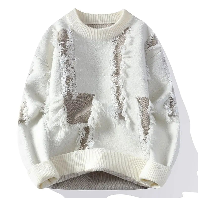 Kevin -  Men's Distressed Crew Sweater with Frayed Texture Panels