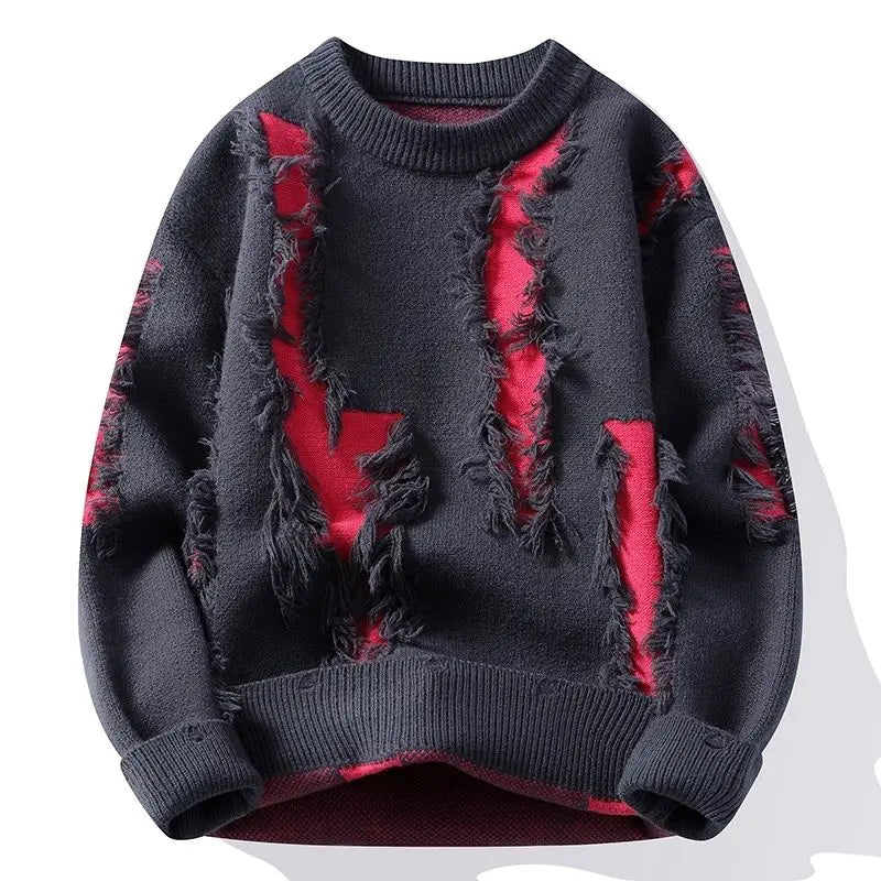 Kevin -  Men's Distressed Crew Sweater with Frayed Texture Panels