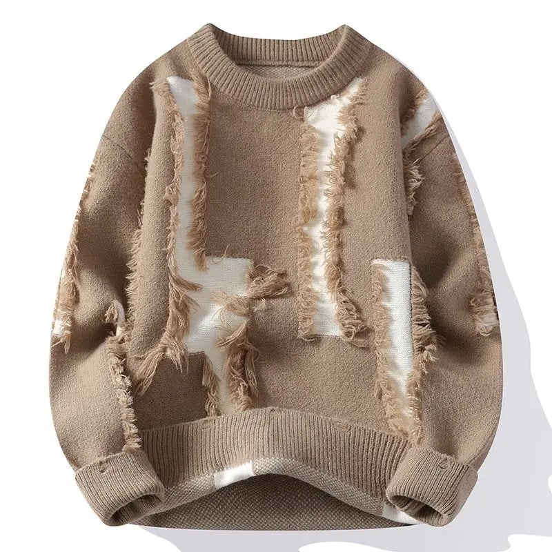Kevin -  Men's Distressed Crew Sweater with Frayed Texture Panels