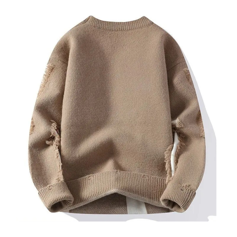 Kevin -  Men's Distressed Crew Sweater with Frayed Texture Panels