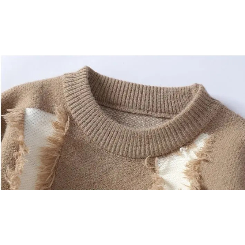 Kevin -  Men's Distressed Crew Sweater with Frayed Texture Panels