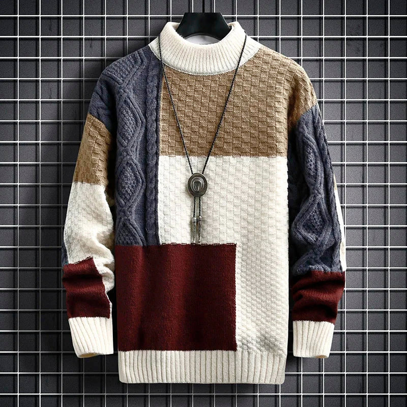 Larkin - Men's Patchwork Knit Sweater with Mock Neck