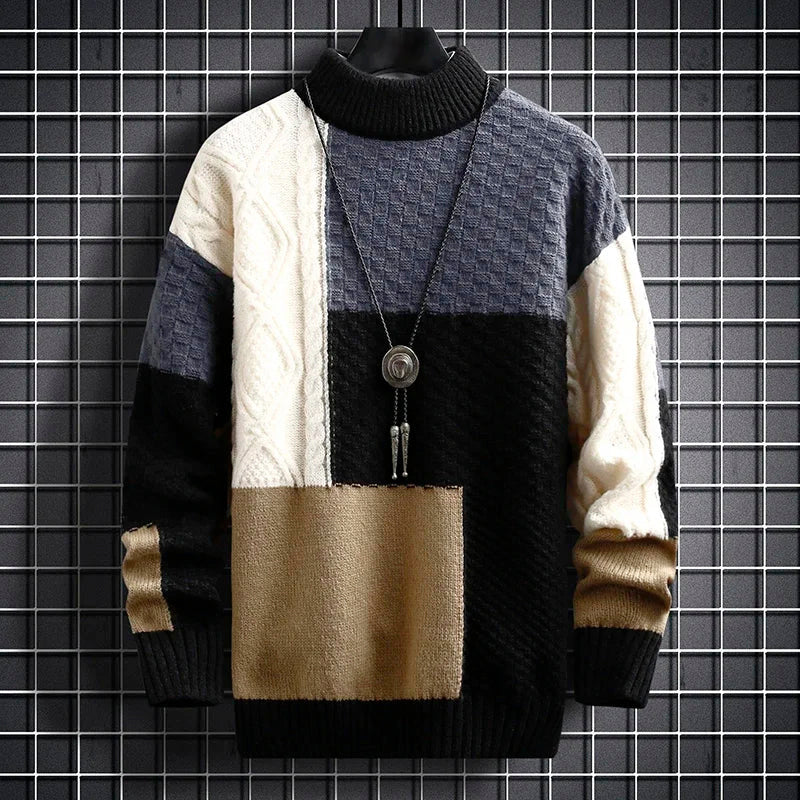 Larkin - Men's Patchwork Knit Sweater with Mock Neck