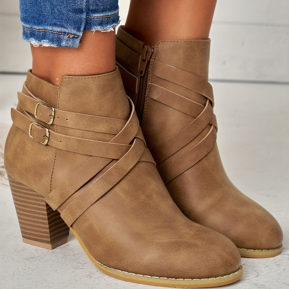 Leila - Women's Strappy Block Heel Ankle Boots