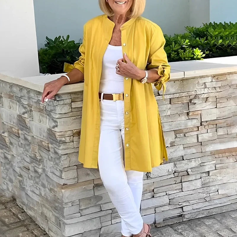 Leonora - Women's Button-Front A-Line Shirt Jacket with Sleeve Knots