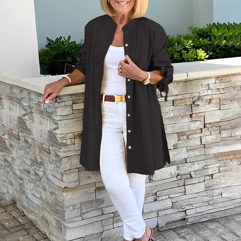 Leonora - Women's Button-Front A-Line Shirt Jacket with Sleeve Knots