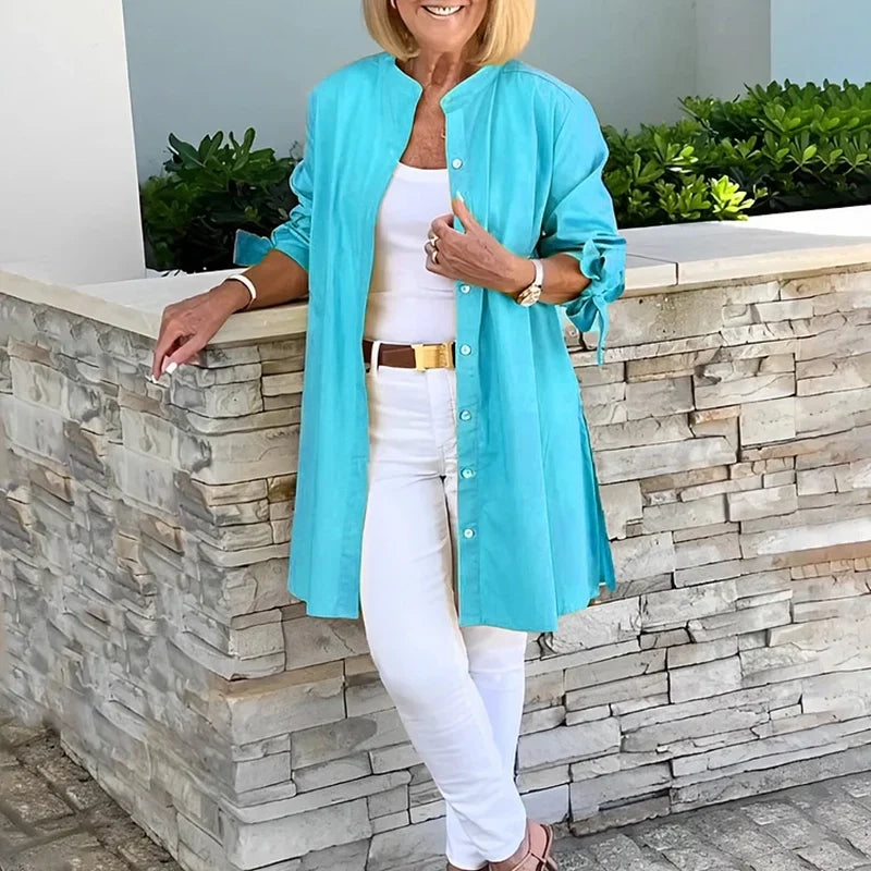Leonora - Women's Button-Front A-Line Shirt Jacket with Sleeve Knots