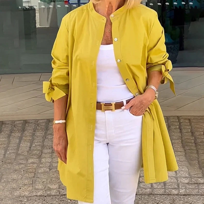 Leonora - Women's Button-Front A-Line Shirt Jacket with Sleeve Knots