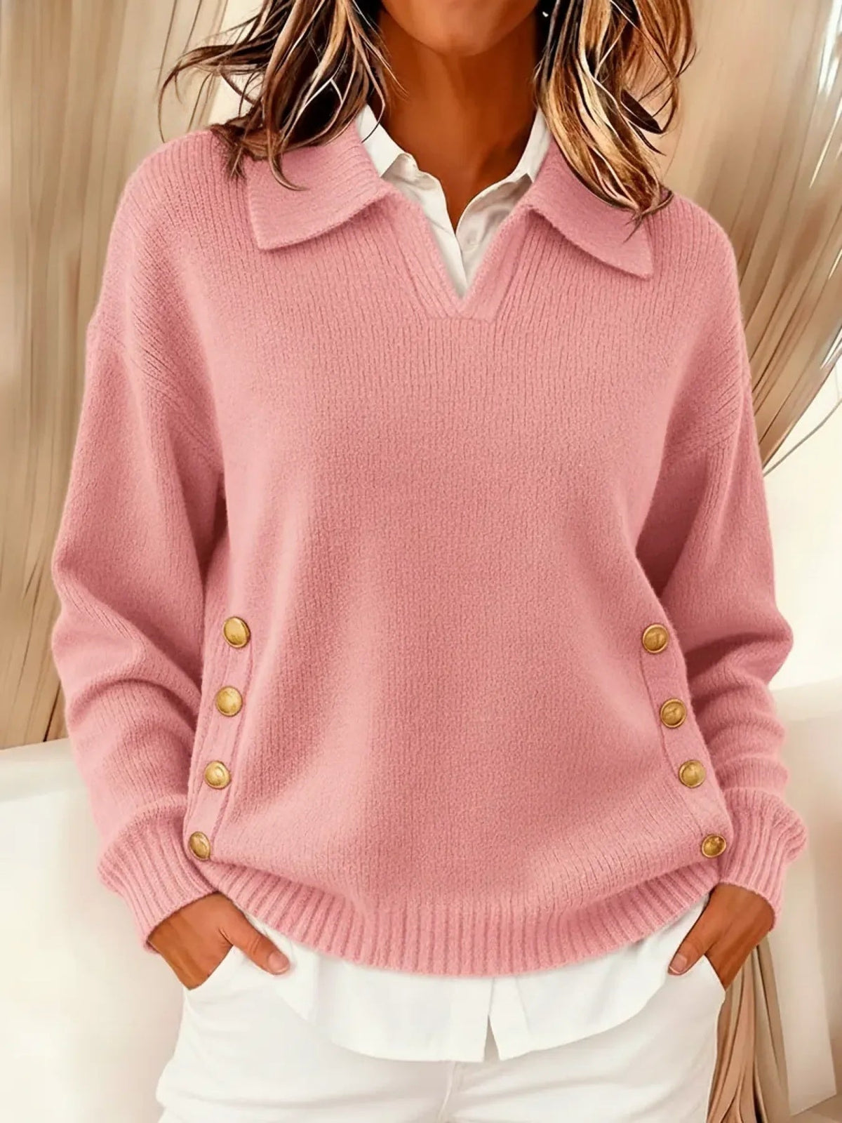 Lorayne - Women's Ribbed Knit Sweater with Gold Side Buttons
