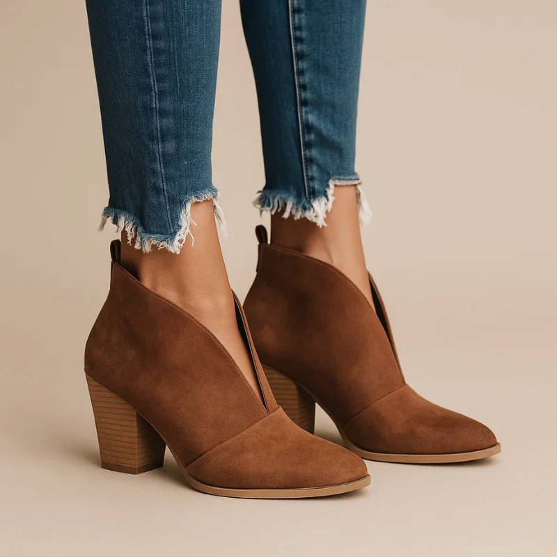 Lorene - Women's Deep V-Cut Suede Block Heel Ankle Boots
