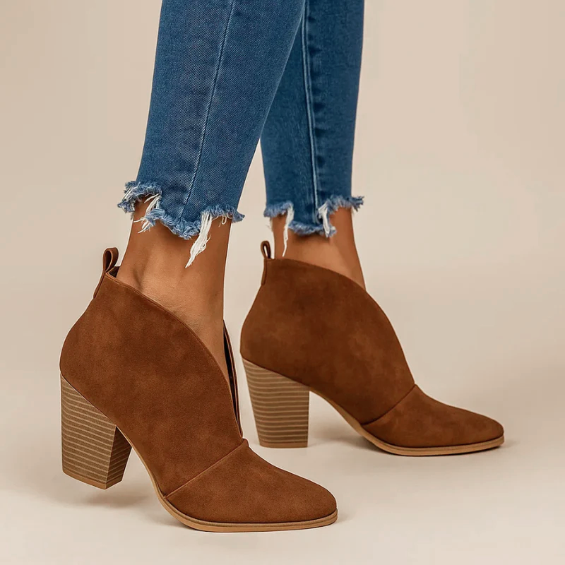 Lorene - Women's Deep V-Cut Suede Block Heel Ankle Boots