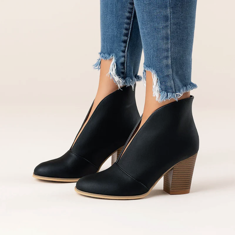 Lorene - Women's Deep V-Cut Suede Block Heel Ankle Boots