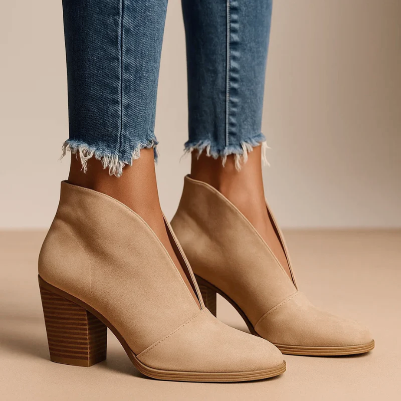 Lorene - Women's Deep V-Cut Suede Block Heel Ankle Boots