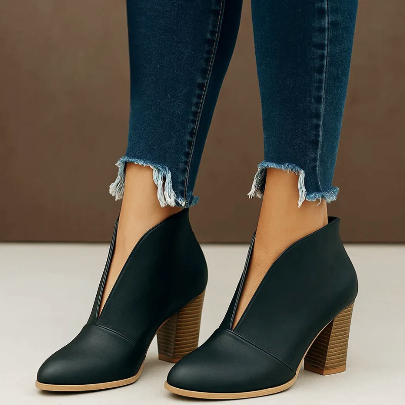 Lorene - Women's Deep V-Cut Suede Block Heel Ankle Boots