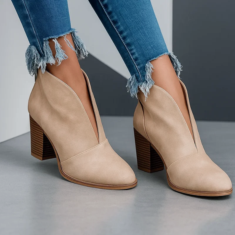Lorene - Women's Deep V-Cut Suede Block Heel Ankle Boots