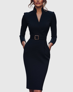 Loretta - Women's Mock-Wrap Belted Midi Dress