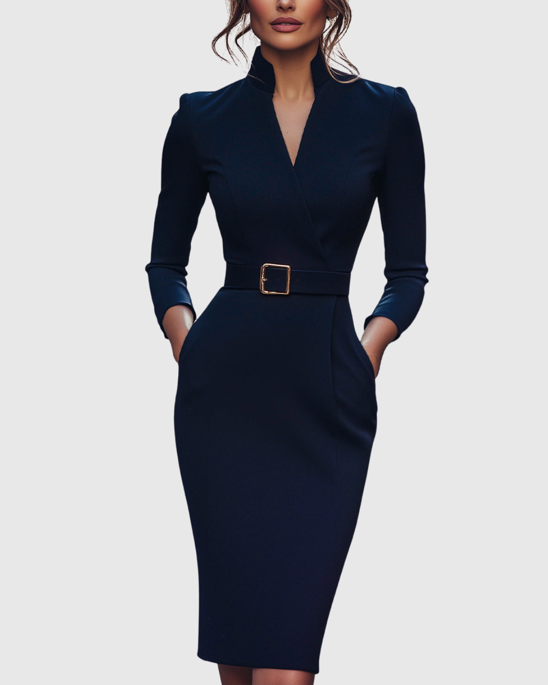 Loretta - Women's Mock-Wrap Belted Midi Dress