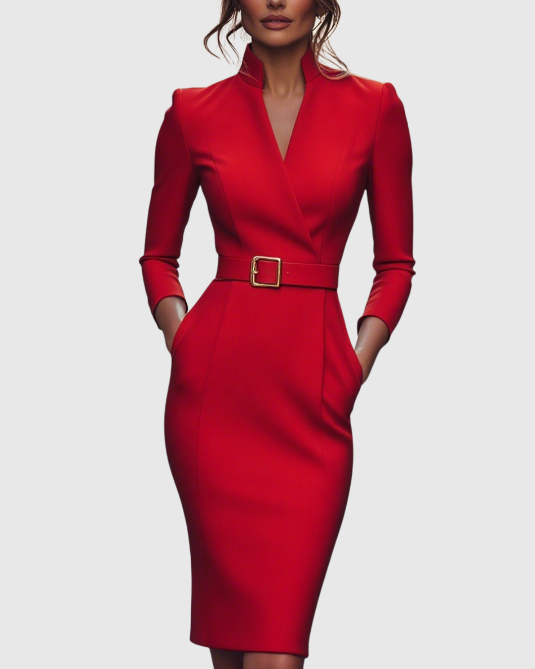 Loretta - Women's Mock-Wrap Belted Midi Dress