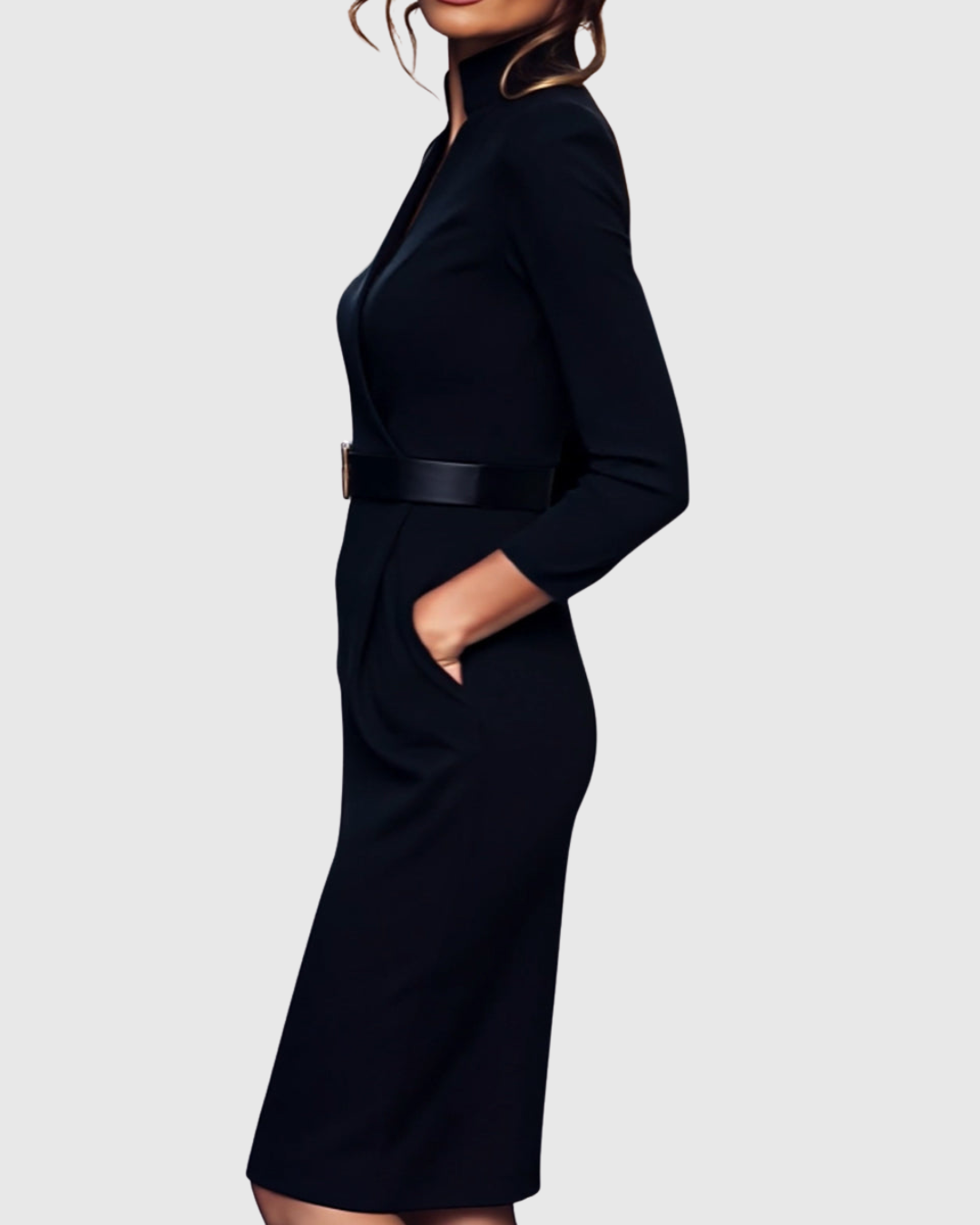 Loretta - Women's Mock-Wrap Belted Midi Dress
