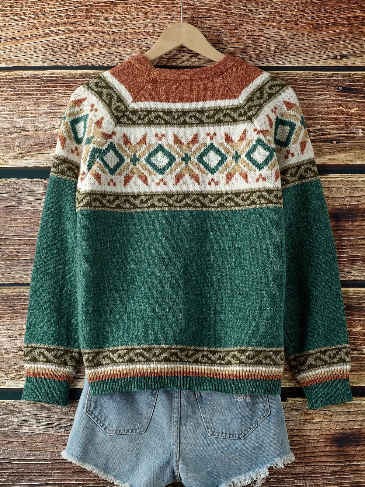 Louise - Women's Button-Front Colorblock Cardigan with Fair Isle Yoke