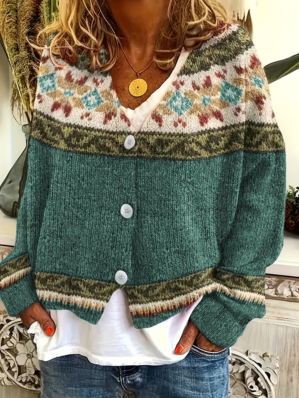 Louise - Women's Button-Front Colorblock Cardigan with Fair Isle Yoke