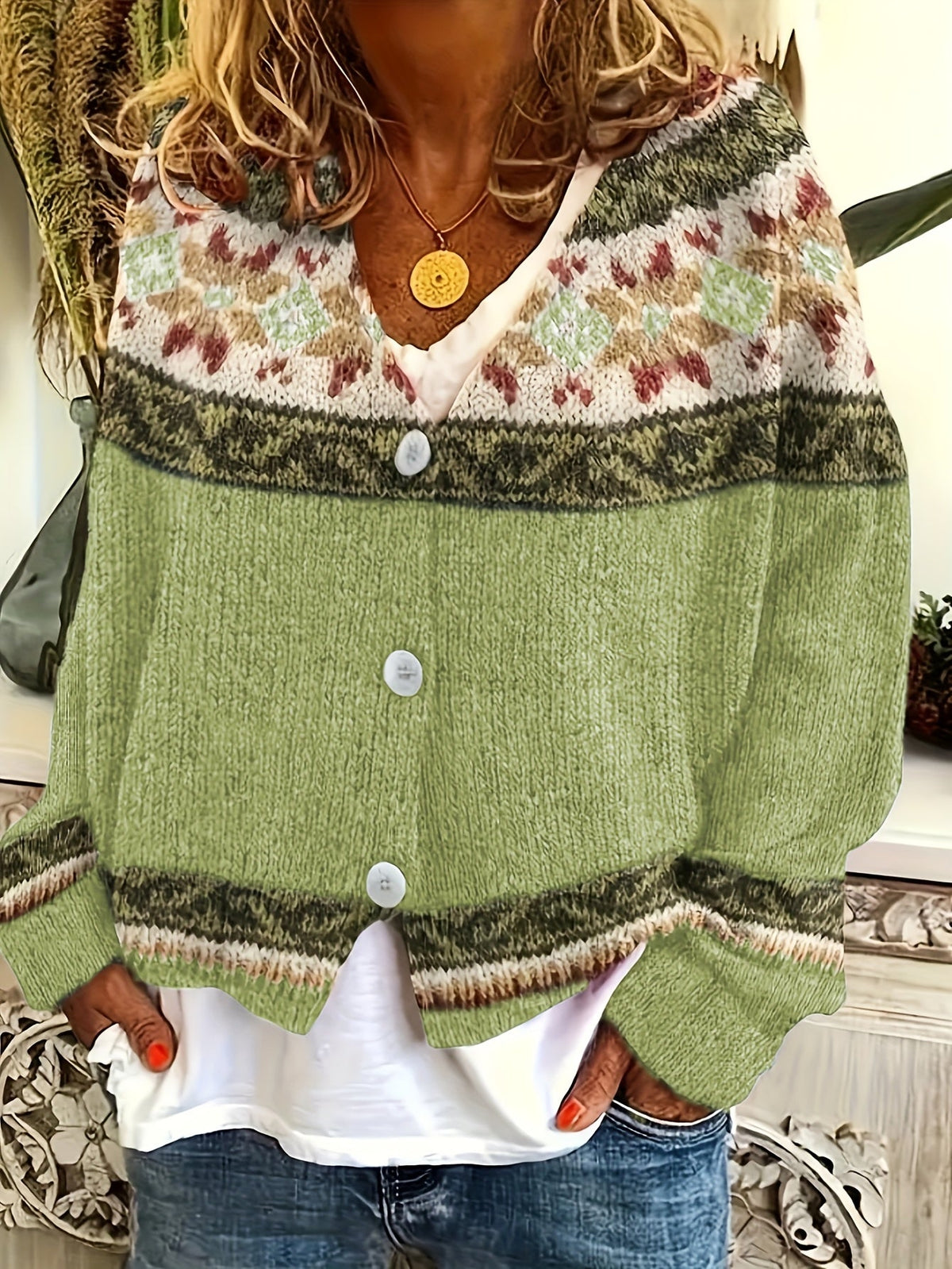 Louise - Women's Button-Front Colorblock Cardigan with Fair Isle Yoke