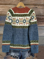 Louise - Women's Button-Front Colorblock Cardigan with Fair Isle Yoke