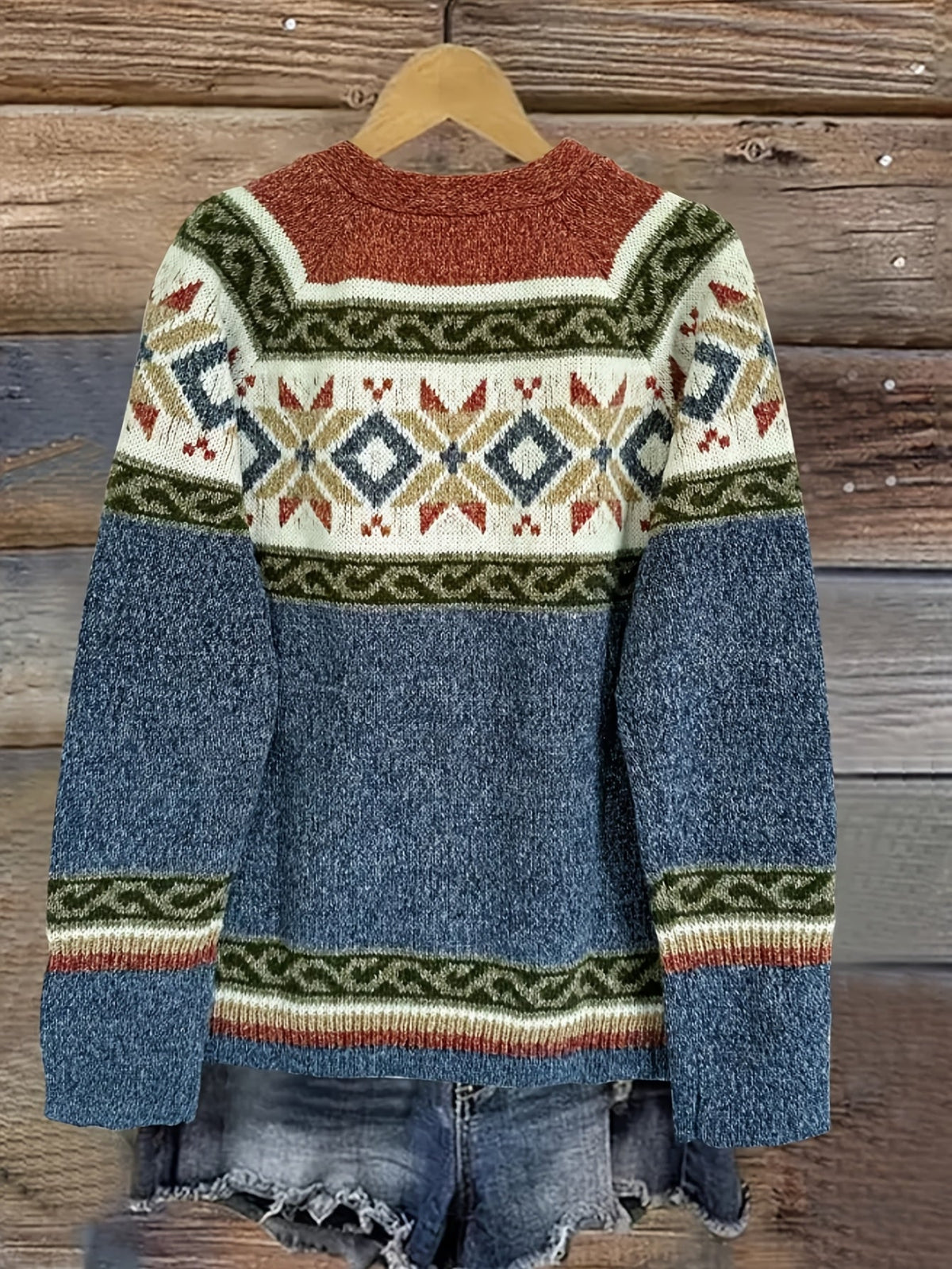 Louise - Women's Button-Front Colorblock Cardigan with Fair Isle Yoke