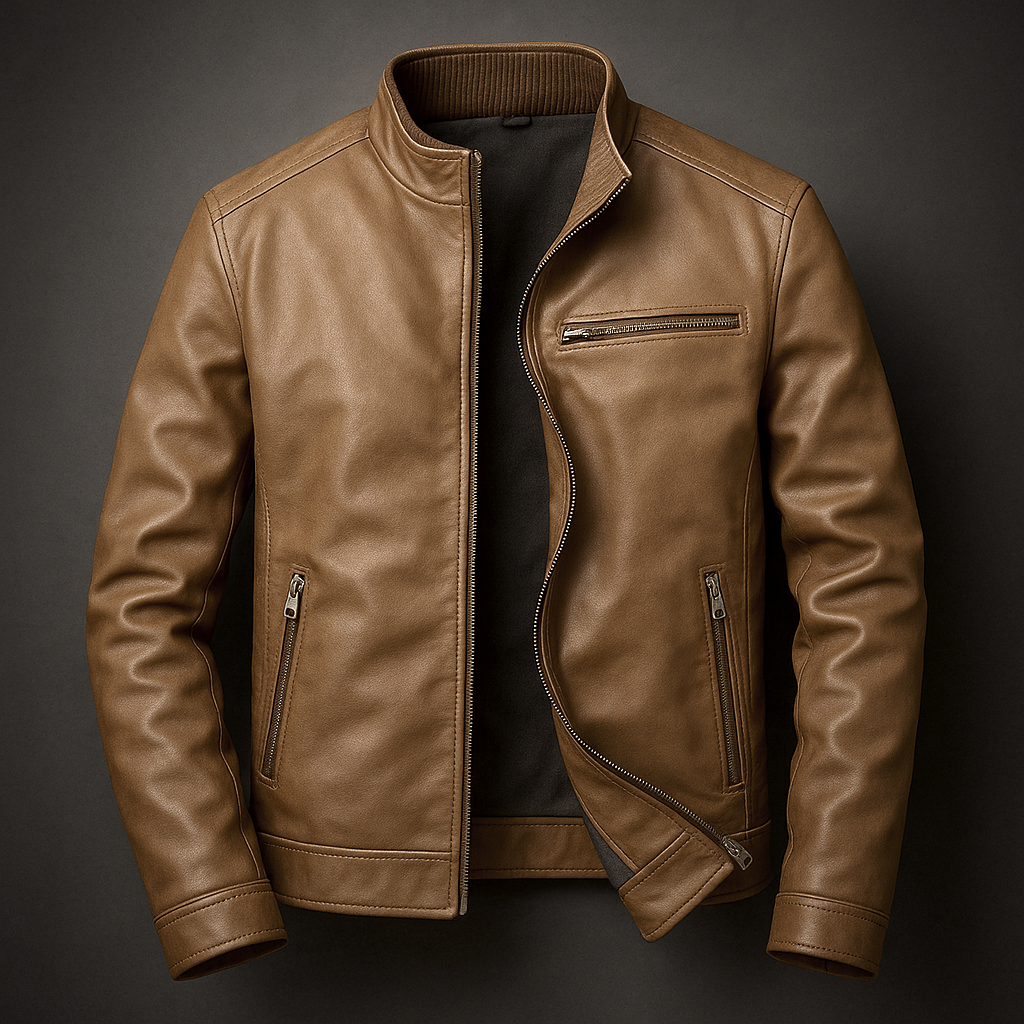 Luke - Men's Zip-Front Leather Jacket with Corduroy Collar